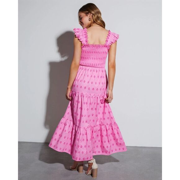 Moon River Smocked Floral Nap Dress Pink Size Small Midi Preppy Cottagecore - Picture 3 of 9